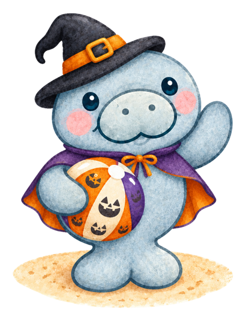 Mabel the manatee, in her Halloween witch costume