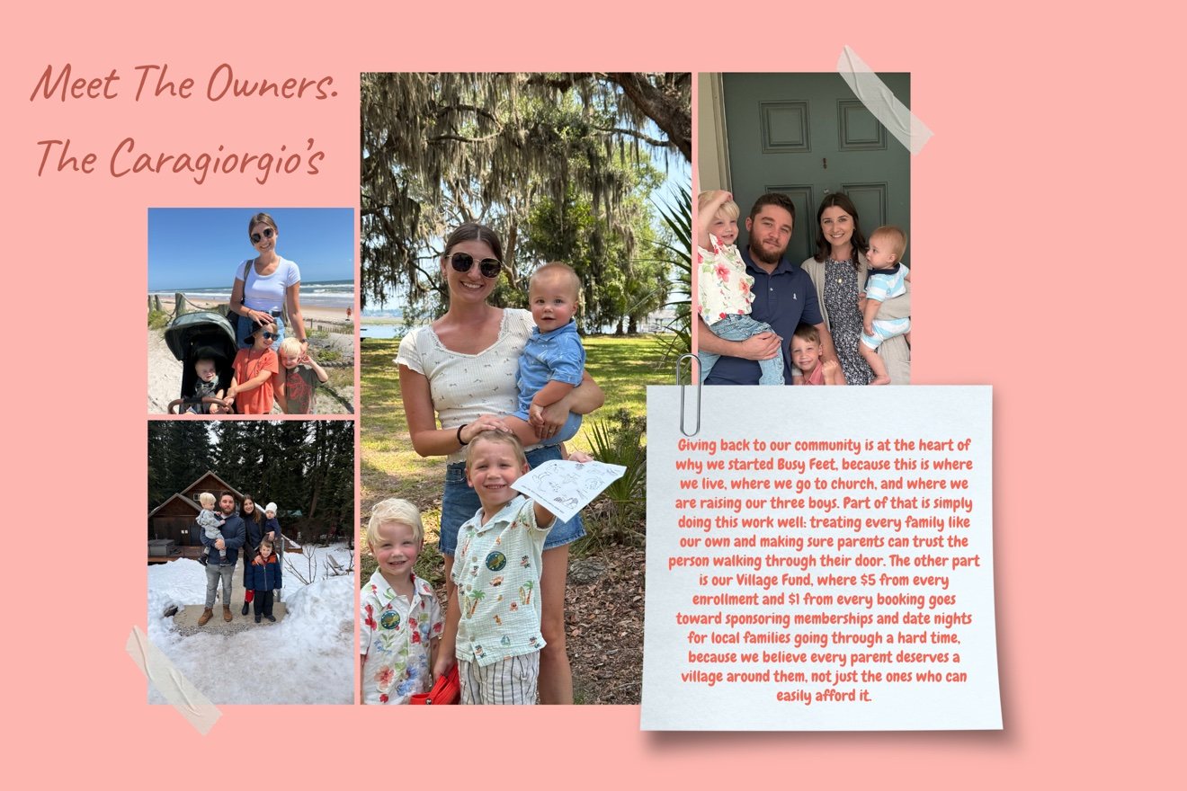 Meet the Owners: a collage of the Caragiorgio family, Alex, Michaela, and their three boys at the beach, in the snow, and at home, beside a note about giving back to their community through Busy Feet and the Village Fund